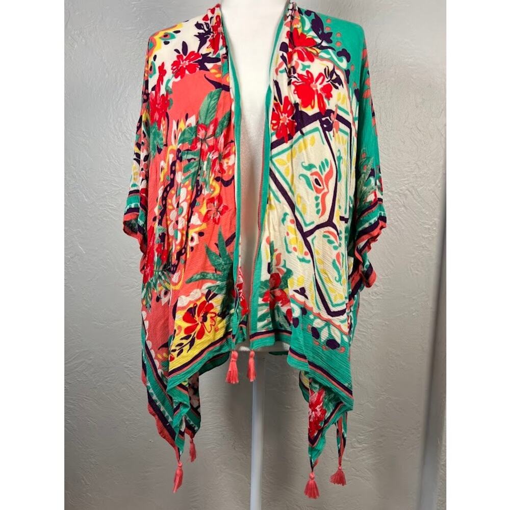 Nine West Colorful Floral Tassel Kimono Cover Up Lightweight Vacation OS